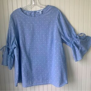 Boutique (1X) Baby Blue & White Pinstripe, Round Neck Top w/puffed/flowy sleeves